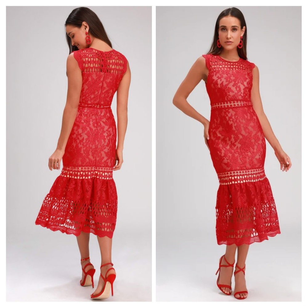 Lulus Charlee Red Lace Sleeveless Midi Dress
